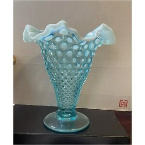 Fenton Blue Opalescent Hobnail Trumpet Vase With Ruffled edge  7.5"